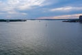 Aerial view of on Brooklyn large and spectacular buildings and seaports in financial district over Hudson River near Royalty Free Stock Photo