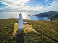 Aerial view of Bruny Island Lighthouse at sunset, Tasmania.