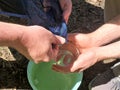 Aerial view bucket fish net and glass eels