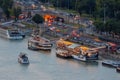 Aerial view Budapest along Danube with several moored party ships Royalty Free Stock Photo