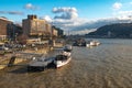 Budapest. Aerial view of Budapest on Danube river  under dramatic sky Royalty Free Stock Photo