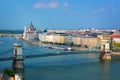 Aerial view of Budapest parliament and Chain bridge over Danube river Hungary Royalty Free Stock Photo