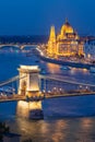 Aerial View Of Budapest Parliament And Chain Bridge Over Danube River At Night Hungary