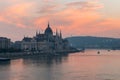 Aerial view of Budapest parliament and the Danube river at sunset, Hungary Royalty Free Stock Photo