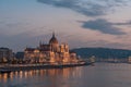 Aerial view of Budapest parliament and the Danube river at sunset, Hungary Royalty Free Stock Photo