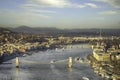 Aerial view of Budapest at winter sunlight day. Hungarian landmarks: Chain Bridge, Parliament and Danube river in Budapest. Royalty Free Stock Photo