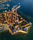 Aerial view of Budva, the old city stari grad of Budva, Montenegro. Jagged coast on the Adriatic Sea
