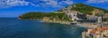 Aerial view of Budva Old Town from the Citadel with Richard s Head beach and Adriatic Sea in Montenegro, Balkans Royalty Free Stock Photo