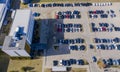 Aerial view of building with parking lot. Commercial Zone