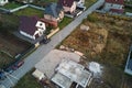 Aerial view of building works of new house concrete foundation on construction site Royalty Free Stock Photo