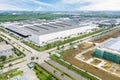 Aerial view of buildings cars factory