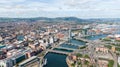 Aerial view on buildings and Lagan River in City center of Belfast Northern Ireland. Drone photo, high angle view of town Royalty Free Stock Photo