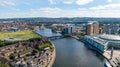 Aerial view on buildings and Lagan River in City center of Belfast Northern Ireland. Drone photo, high angle view of town Royalty Free Stock Photo