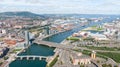 Aerial view on buildings and Lagan River in City center of Belfast Northern Ireland. Drone photo, high angle view of town Royalty Free Stock Photo