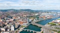 Aerial view on buildings and Lagan River in City center of Belfast Northern Ireland. Drone photo, high angle view of town Royalty Free Stock Photo