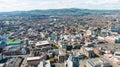 Aerial view on buildings and Lagan River in City center of Belfast Northern Ireland. Drone photo, high angle view of town Royalty Free Stock Photo