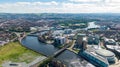 Aerial view on buildings and Lagan River in City center of Belfast Northern Ireland. Drone photo, high angle view of town Royalty Free Stock Photo