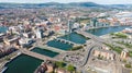 Aerial view on buildings and Lagan River in City center of Belfast Northern Ireland. Drone photo, high angle view of town Royalty Free Stock Photo