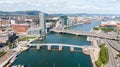 Aerial view on buildings and Lagan River in City center of Belfast Northern Ireland. Drone photo, high angle view of town Royalty Free Stock Photo