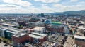 Aerial view on buildings and Lagan River in City center of Belfast Northern Ireland. Drone photo, high angle view of town Royalty Free Stock Photo