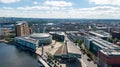 Aerial view on buildings and Lagan River in City center of Belfast Northern Ireland. Drone photo, high angle view of town Royalty Free Stock Photo