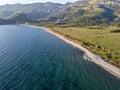 Aerial view of Buljarica beach at sunset. It is one of the largest beaches at the coast of Montenegro Royalty Free Stock Photo