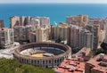 Aerial view of the Bullring and the city with the sea in Malaga, Spain