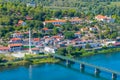 Aerial view of Buna river entering Skadar lake in Albania