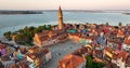 Aerial view of Burano Island, colorful houses, Church and Campanile, Italy Royalty Free Stock Photo