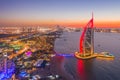 Aerial view of Burj Al Arab Jumeirah Island or boat building, Dubai Downtown skyline, United Arab Emirates or UAE. Financial Royalty Free Stock Photo