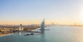 Aerial view of Burj Al Arab Jumeirah Island or boat building, Dubai Downtown skyline, United Arab Emirates or UAE. Financial Royalty Free Stock Photo