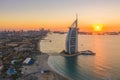 Aerial view of Burj Al Arab Jumeirah Island or boat building, Dubai Downtown skyline, United Arab Emirates or UAE. Financial Royalty Free Stock Photo