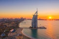 Aerial view of Burj Al Arab Jumeirah Island, Dubai Downtown skyline, United Arab Emirates or UAE. Financial district and business Royalty Free Stock Photo