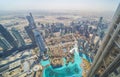 Aerial view of Burj Khalifa in Dubai Downtown skyline and fountain, United Arab Emirates or UAE. Financial district and business Royalty Free Stock Photo