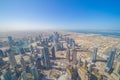 Aerial view of Burj Khalifa in Dubai Downtown skyline and fountain, United Arab Emirates or UAE. Financial district and business Royalty Free Stock Photo