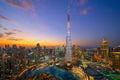 Aerial view of Burj Khalifa in Dubai Downtown skyline and fountain, United Arab Emirates or UAE. Financial district and business