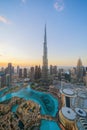 Aerial view of Burj Khalifa in Dubai Downtown skyline and fountain, United Arab Emirates or UAE. Financial district and business Royalty Free Stock Photo