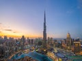 Aerial view of Burj Khalifa in Dubai Downtown skyline and fountain, United Arab Emirates or UAE. Financial district and business Royalty Free Stock Photo