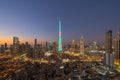 Aerial view of Burj Khalifa in Dubai Downtown skyline and fountain, United Arab Emirates or UAE. Financial district and business Royalty Free Stock Photo