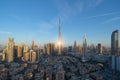 Aerial view of Burj Khalifa in Dubai Downtown skyline and fountain, United Arab Emirates or UAE. Financial district and business Royalty Free Stock Photo