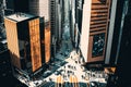 Aerial view of a bustling business district with skyscrapers and busy streets