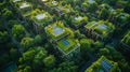 Aerial view of a bustling city with green rooftops and solar arrays, exemplifying urban sustainability