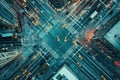 Aerial view of bustling city intersection with multiple lanes, traffic lights, and vivid yellow taxis Royalty Free Stock Photo