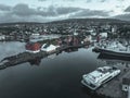 Aerial view of the bustling harbor in the city of Torshavn on the Faroe Islands