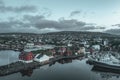 Aerial view of the bustling harbor in the city of Torshavn on the Faroe Islands