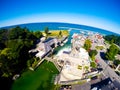 Aerial View of Bustling Michigan Coastal Town with Marina and Park