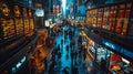 An aerial view of a bustling trading floor with scree