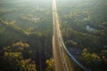 Aerial view of busy american highway with fast moving traffic. Interstate transportation concept