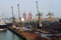 Aerial view of a busy cargo port in New Mangalore, India.