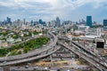 Aerial view of busy cars with traffic jam in the rush hour on highway road street on bridge in Bangkok Downtown, urban city in Royalty Free Stock Photo